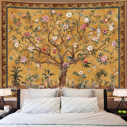 Boho Tree of Life Tapestry - Vintage Floral & Bird Aesthetic Wall Hanging