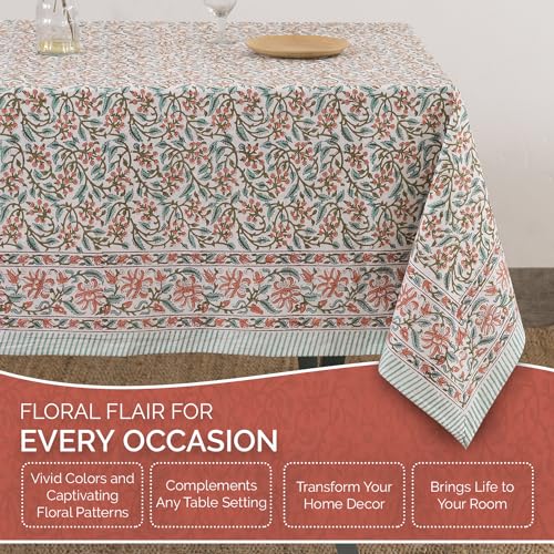 Labhanshi Indian Handblock Floral Cotton Tablecloth 72x108 Inch Pink for 8-Seater Dining
