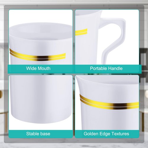 Bokon 100 Pcs Plastic Coffee Tea Cups Reusable 8 oz White Coffee Mugs Bulk with Handle and Spoon with Gold Rim Espresso Cup for Tea Cafe Milk Dessert Shop