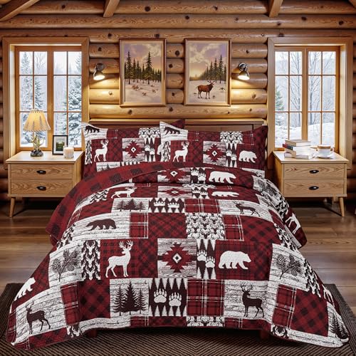 Tritard Red Bear Christmas Plaid Twin Quilt Set with Pillow Shams