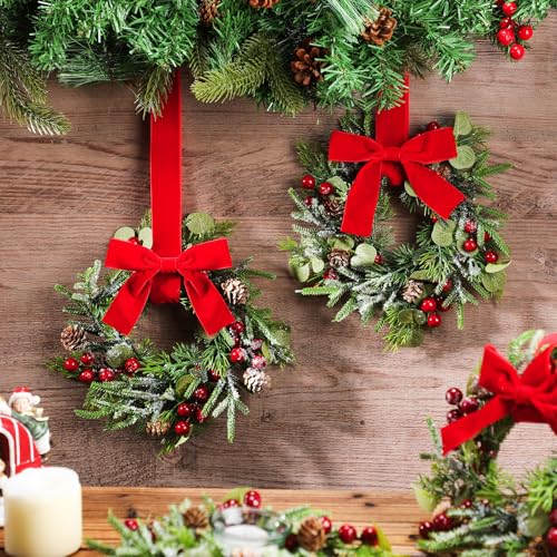 Dingion 18 Pcs Mini Christmas Wreath Set for Kitchen Cabinets - Pine Berries Snowy Decor