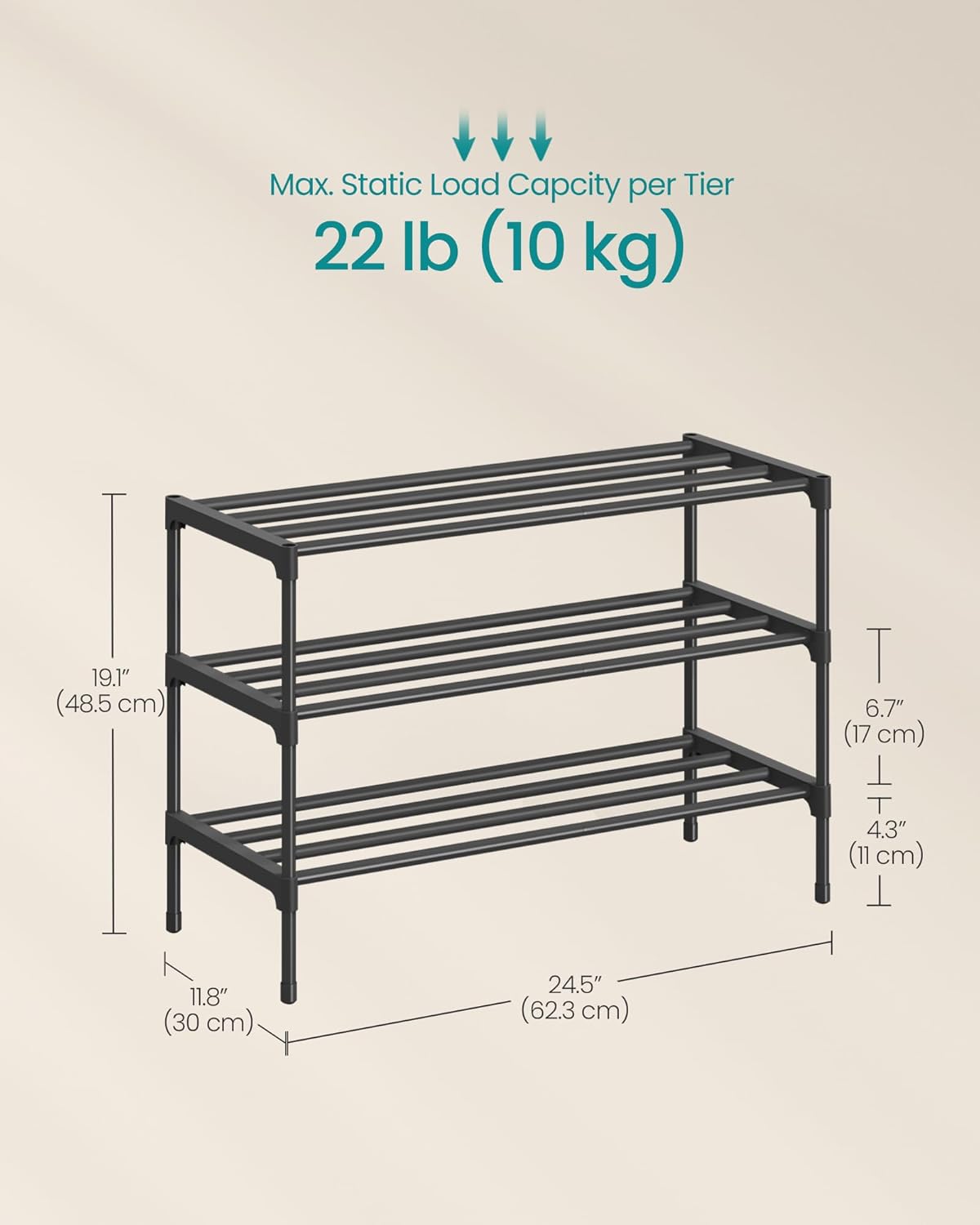 SONGMICS 3-Tier Shoe Rack - Compact Metal Organizer for Small Spaces | Stackable Design, Black, 11.8 x 24.5 x 19.1 Inches