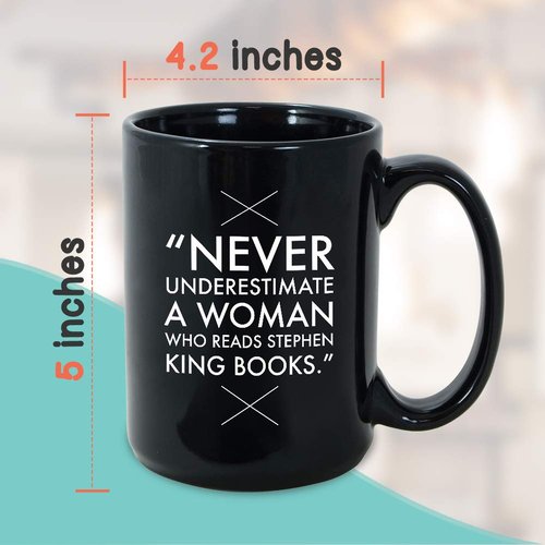 Readers Mug 15 oz Black, Never Underestimate A Woman Who Reads Bookworm Quote