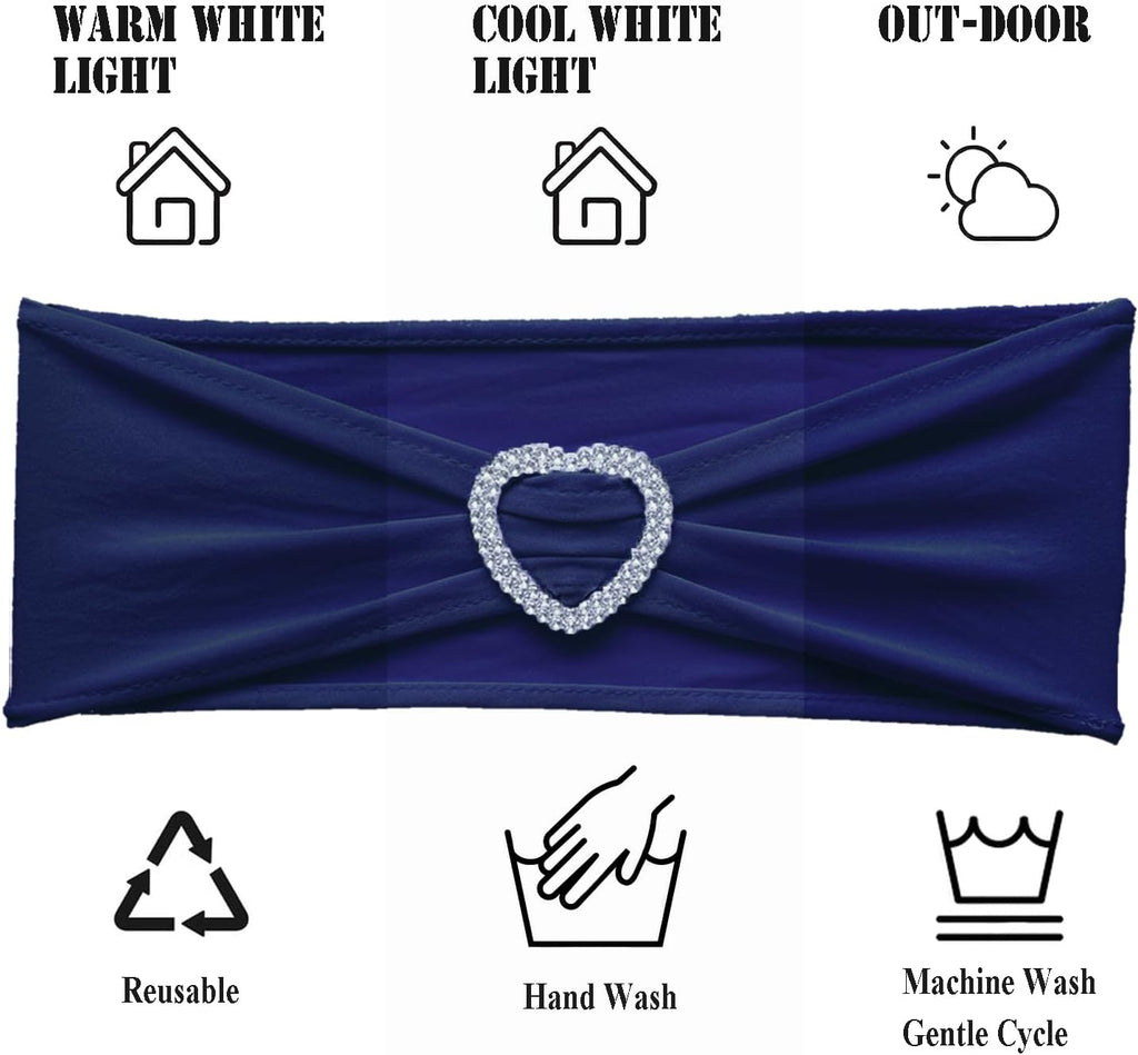 Skiennix Navy Blue Chair Sashes - 30 Pack Universal Elastic Chair Bands with Heart Buckle Slider for Weddings & Parties