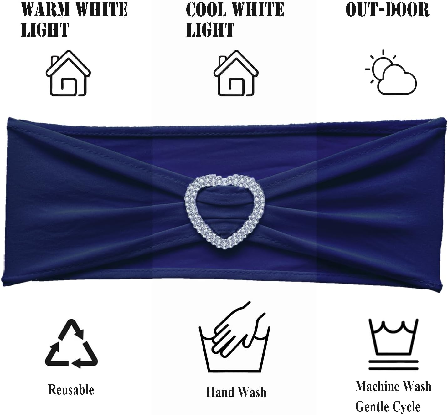 Skiennix Navy Blue Chair Sashes - 30 Pack Universal Elastic Chair Bands with Heart Buckle Slider for Weddings & Parties