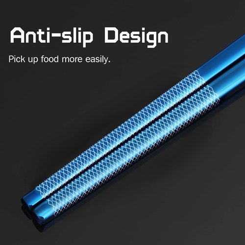 TiiCoo Reusable Titanium Plated Stainless Steel Chopsticks with Holder, Dishwasher Safe Lightweight Japanese Style Chopsticks Gift Set (Blue)