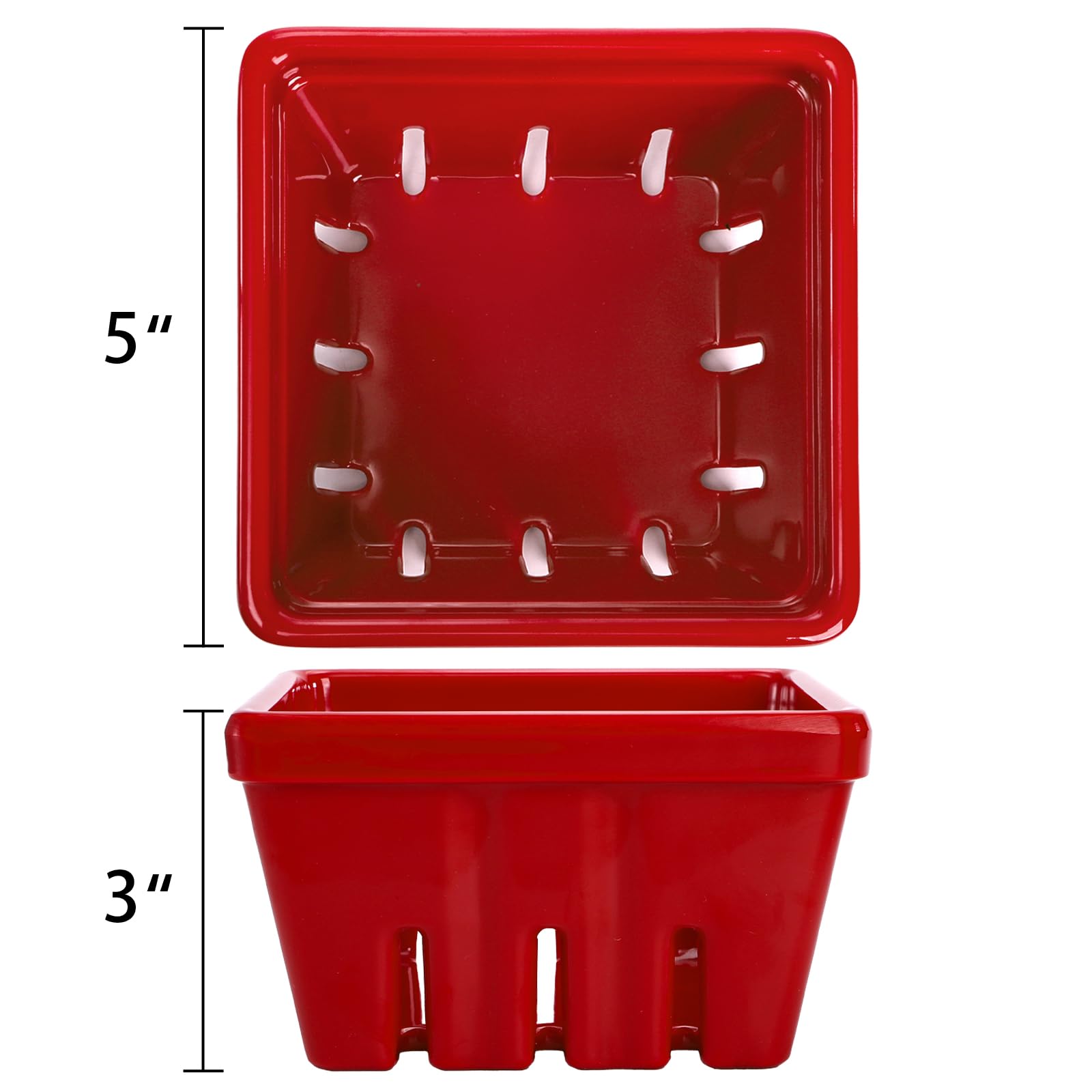 ZEAYEA Set of 2 Melamine Berry Basket, Berry Bowl With Holes for Fridge, Red Square Kitchen Fruit Basket for Christmas, Cute 5" Colander for Strawberry, Grape, Cherry, Berries, Veggies