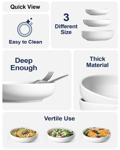 LE TAUCI Pasta Bowls 32 oz, Salad Bowls Set for Serving Soup, Pasta, Noodle, Dinner, Large Kitchen Bowl Plates, Microwave Safe - 7.8 Inch, Set of 4, White