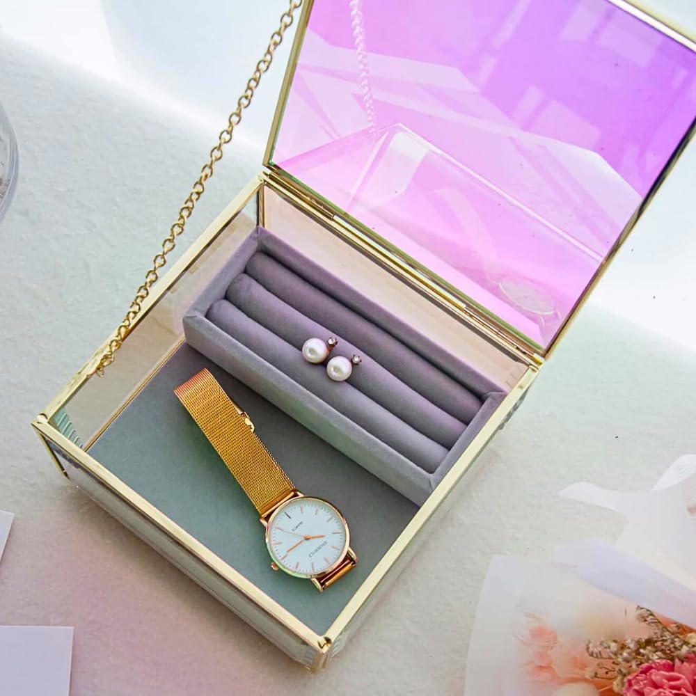 Moosy Life Aurora Borealis Glass Jewelry Box Storage Organizer for Earnings, Rings, Necklace, Pendant, Bracelets (Small)