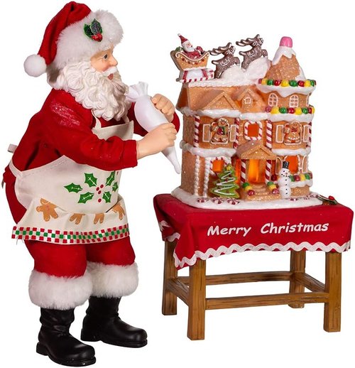 Kurt Adler 10.5-Inch LED Gingerbread House Table Piece - Battery-Operated Fabriche Santa Decor