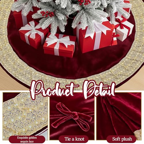 CYAOOI 60 Inch Red Velvet Christmas Tree Skirt with Gold Glitter Trim for 7.5-9 ft Trees