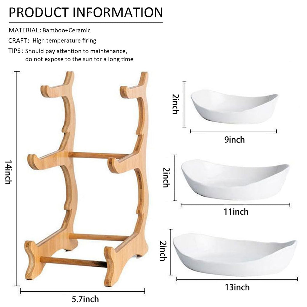 Liywall - Large 3 Tier Ceramic Fruit Bowl With Bamboo Wood Stand for Kitchen Counter,Porcelain Fruit Basket for Fruit Storage,Snack Dessert Cake Tray Plate Rack for Party Wedding - Big White