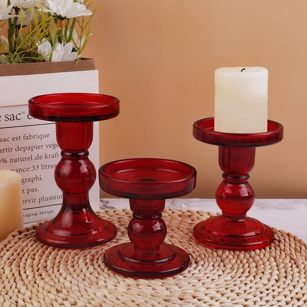 Regine Switzerland 6-Piece Red Glass Candlestick Set - Elegant Crystal Holders for Weddings & Christmas Decor