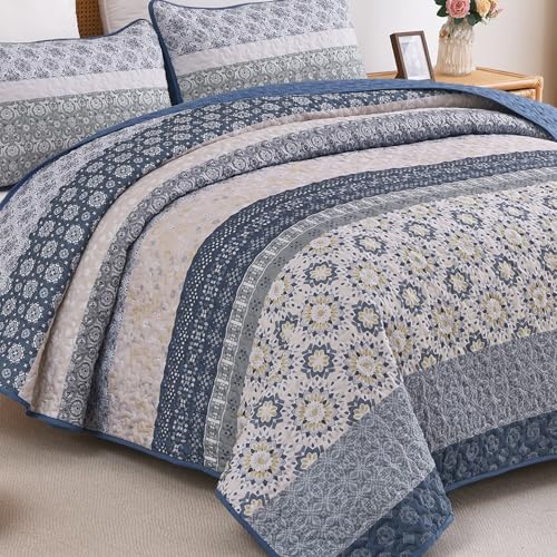 Boho King Quilt Set - 3-Piece Blue Floral Striped Bedspread Coverlet