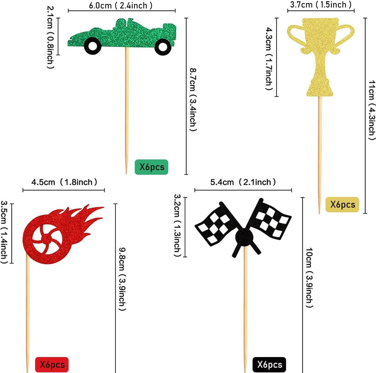 Regine Switzerland Race Car Cupcake Toppers - 24Pcs Glitter Trophy Flags & Wheels for Sports Theme Parties