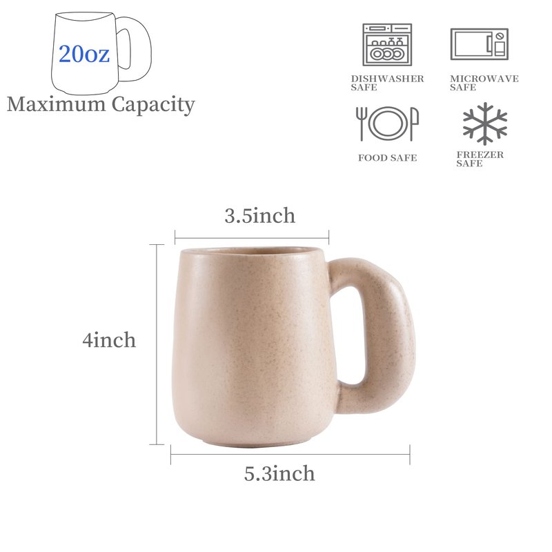 Uaral Large Coffee Mugs Cream Stoneware Mug Set with Jumbo Handle for Cocoa,Milk,Latte or Tea,Handmade Free-Form Edge Design,20oz,Set of 2, (Cream)