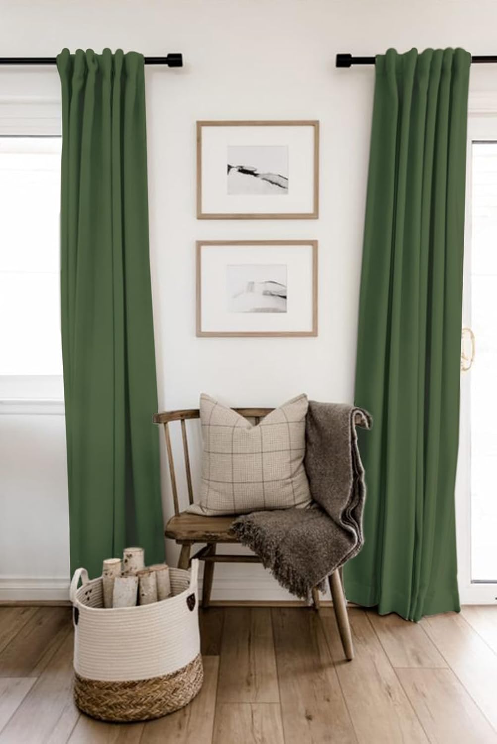 Skiennix 100% Blackout Linen Curtains - Thermal Insulated Drapes, 2 Panels Set | Moss Green, 50" W x 63" L