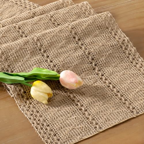 Boho Macrame Table Runner - Rustic Woven Cotton Linen (12 x 36 in)