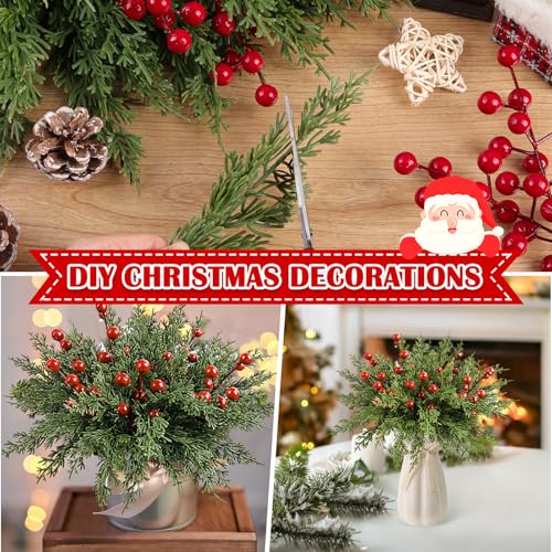 60Pcs Artificial Christmas Pine Branches & Red Berry Stems for Holiday Decor