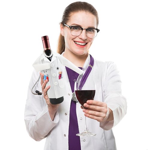 LOMIMOS White Wine Women Doctor Coat, Felt Ceremony Wine Wrapping Cover with Syringe Capsules Necklace for Graduation Retirement Medical Practitioner