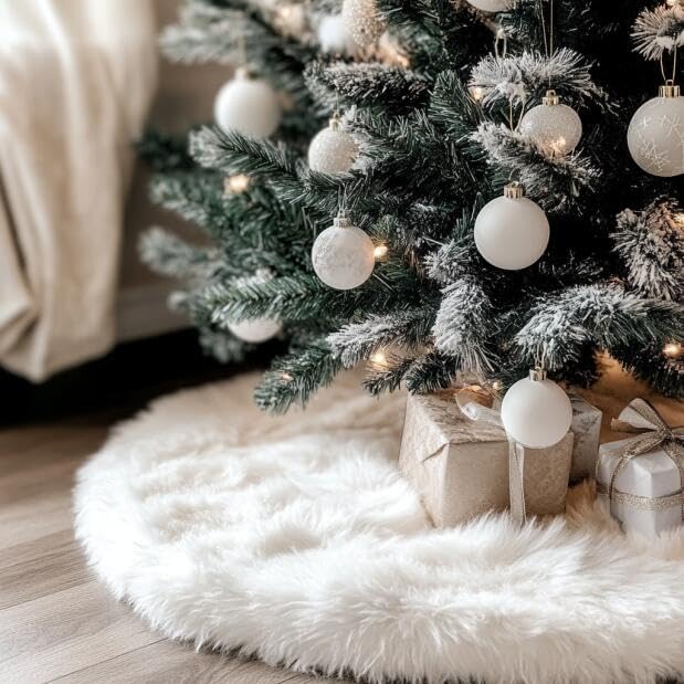 48-Inch Faux Fur Christmas Tree Skirt - White Plush Holiday Decor