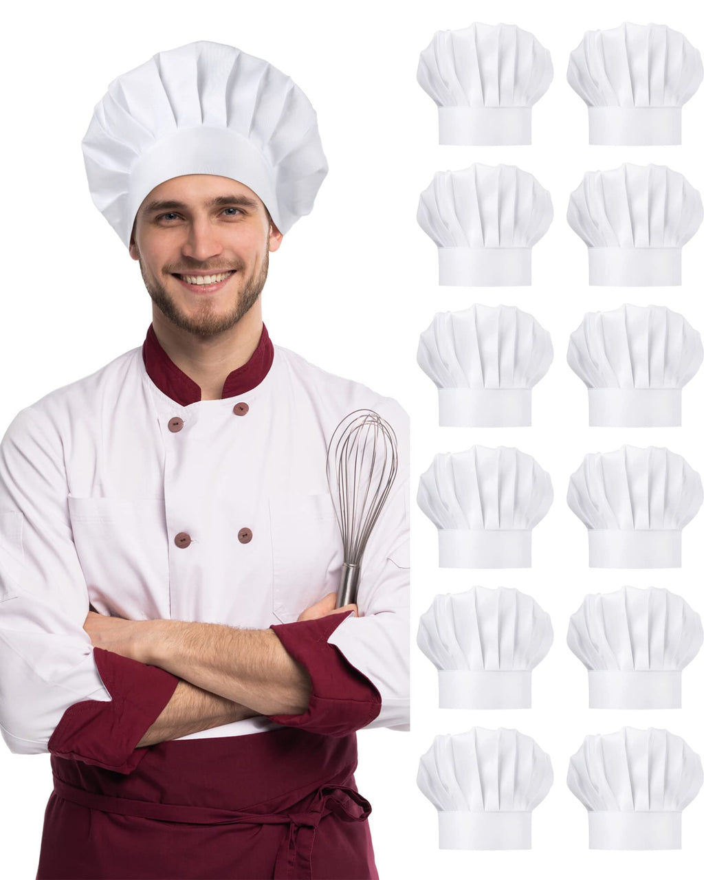Geyoga 12 Pcs Chef Hat Adult Adjustable Elastic Tall Baker Hat for Cooking Kitchen Cap Uniform for Men Women Christmas(White)