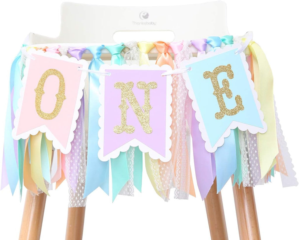 Rainbow High Chair Banner - Colorful 1st Birthday Photo Prop for Baby Girl Smash Cake, Macarons Theme