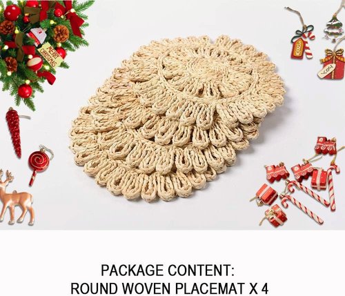 IcosaMro Round Woven Placemats for Dining Table Set of 4 11 Inch Small Natural Braided Rattan Tablemat Hollow Wicker Charger Plates for Holiday Thanksgiving Christmas Kitchen Table Mat, Beige