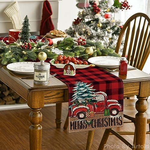 Artoid Mode Christmas Tree Truck Table Runner 13x108 Inch Red & Black Home Decor