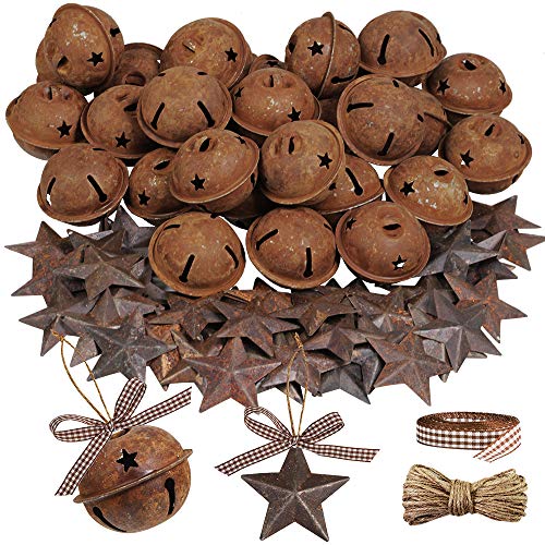 80 Pcs Rustic Christmas Jingle Bells and Metal Barn Stars Craft Set