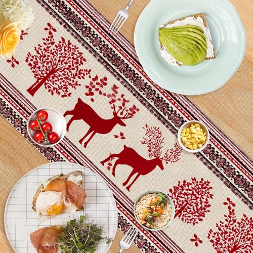 Farmhouse Christmas Table Runner 13x72 Inch Snowflakes & Trees Holiday Decor