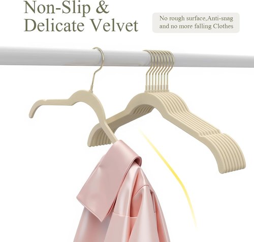 Korpai Velvet Hangers - 30 Pack Non-Slip Durable Slim Space-Saving Design | Beige with Gold 360° Swivel Hook