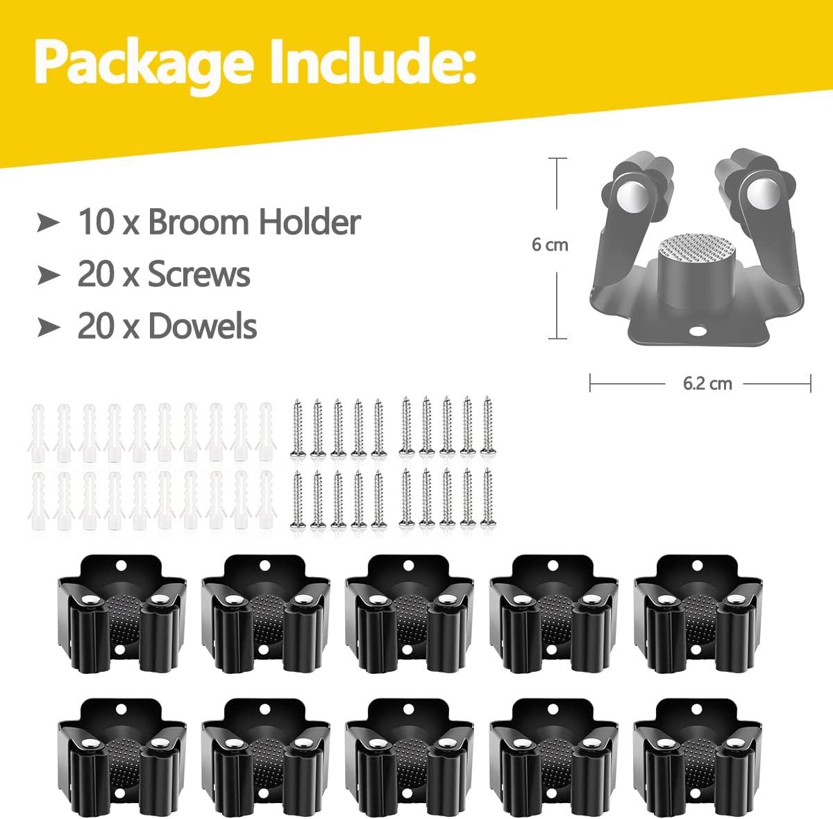 Verdenu Broom Holder Wall Mount - 10 Pack Stainless Steel Mop Organizer for Kitchen & Garage Storage | Black