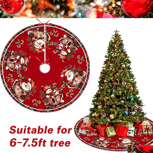 RABUSOFA 48-Inch Christmas Tree Skirt Snowman Santa Decoration (Red) for Home