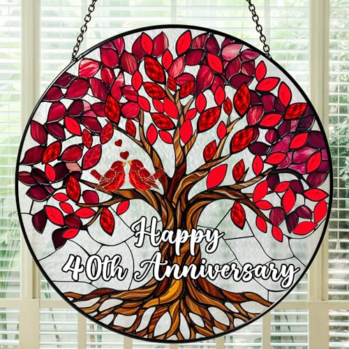 40th Wedding Anniversary Stained Glass Suncatcher - Ruby Tree of Life Gift