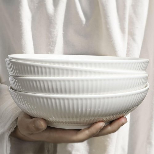 Artena Ceramic Pasta Bowls - 32oz Large Striped Salad Bowls Set of 4 | White Microwave & Dishwasher Safe