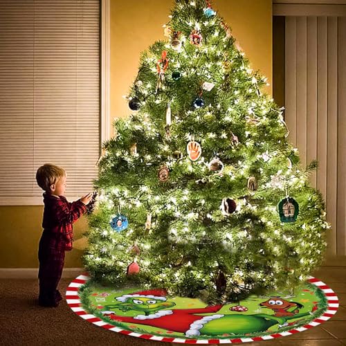 48 Inch Plush Christmas Tree Skirt - Farmhouse Decor with Red & Green Trim