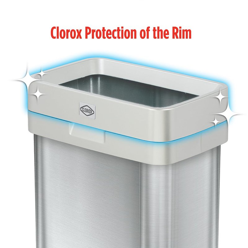 Clorox 13 Gallon Trash Can - 50L Slim Open Top Garbage Bin for Commercial Spaces, Kitchen, Office - Narrow Rectangular Stainless Steel Body with Hinged Rim Protection
