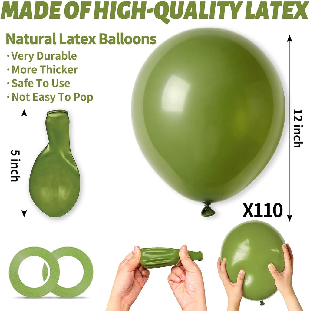 Olive Green Latex Balloons - 110pcs 12 Inch for Birthday Parties, Baby Showers & Weddings | Includes 2 Ribbons