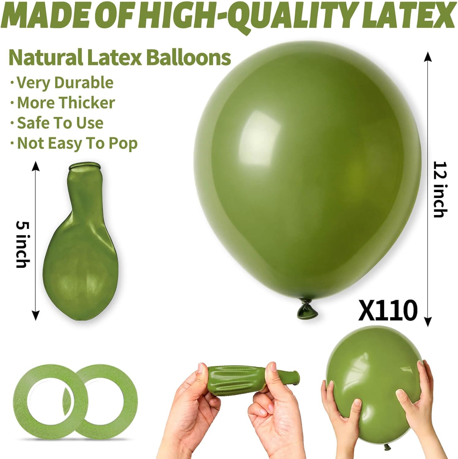 Olive Green Latex Balloons - 110pcs 12 Inch for Birthday Parties, Baby Showers & Weddings | Includes 2 Ribbons