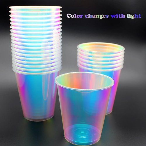MnhoMnrn 25 Pcs Iridescent Clear Plastic Cups 12oz Fancy Thick Neon Disposable Drinking Cups Cute Glitter Holographic Hard Plastic Cup for Party Decoration (Clear)