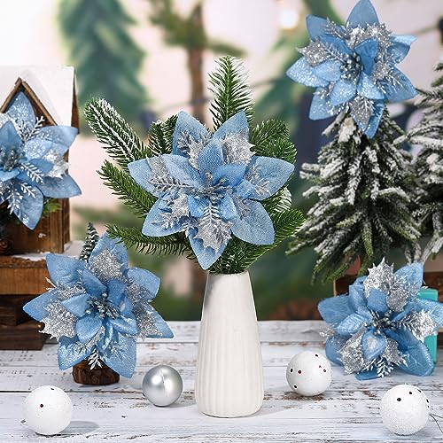 Geosar 36 Pieces Light Blue and Silver Artificial Poinsettia Christmas Flowers