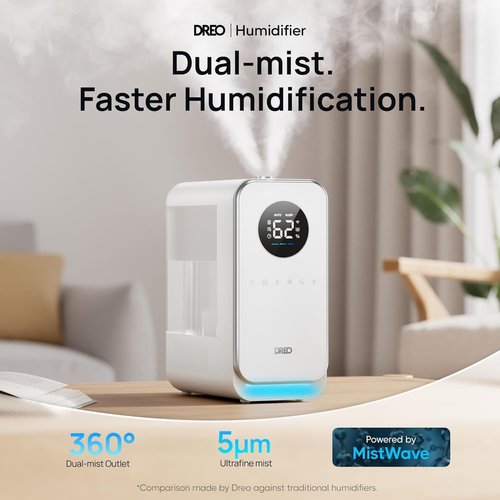 DREO Cool Mist Humidifier - Smart Quiet Top-Fill Design for Large Rooms | 50-Hour Runtime, White