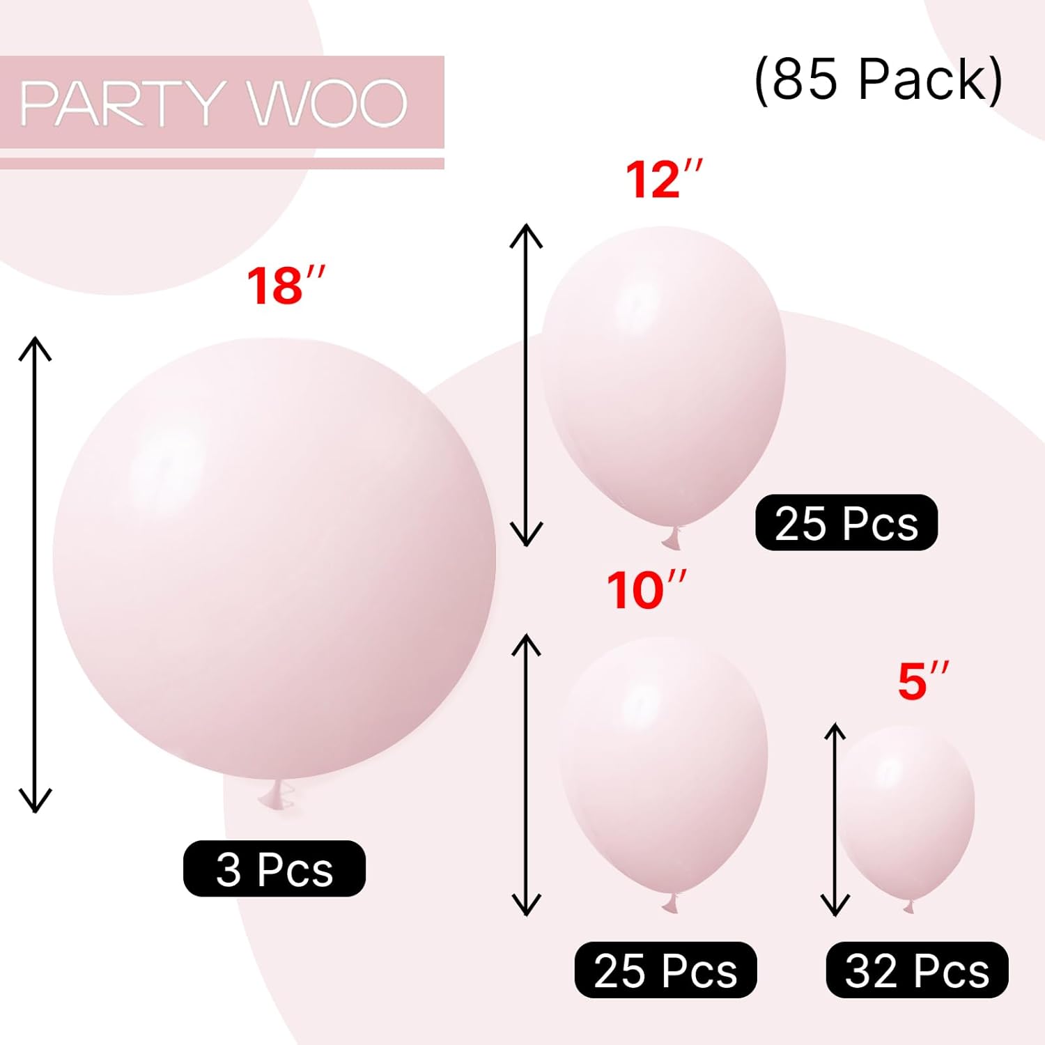 PartyWoo Pale Pink Balloon Arch Kit - 85pcs in 18", 12", 10", & 5" Sizes for Baby Showers & Parties