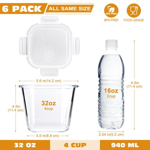 MYJIE [6 Pack] Glass Soup Containers with Lids - 4 Cup 32 Oz Glass Storage Containers with Lids,Meal Prep Containers Reusable with Airtight Lid,Square Food Storage Salad Container for Lunch