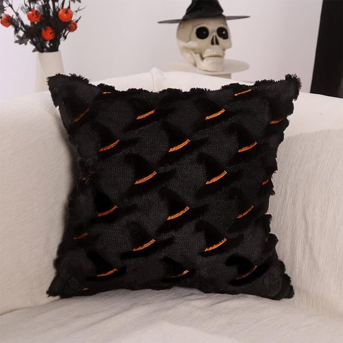 Heirloom Haven Halloween Witch Hat Pillow Covers Set of 2,Black Hat Soft Plush Faux Fur Jacquard Couch Cushion Case Holiday Farmhouse for Sofa Home Decor 18 x 18 Inch