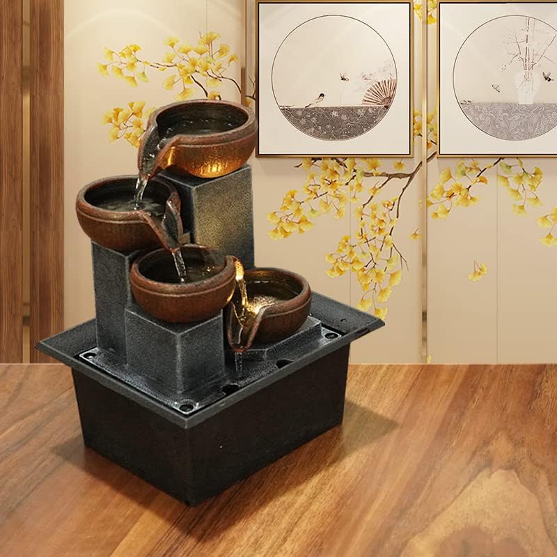 4-Tier Indoor Desktop Fountain with Warm LED Lights and Adjustable Pump