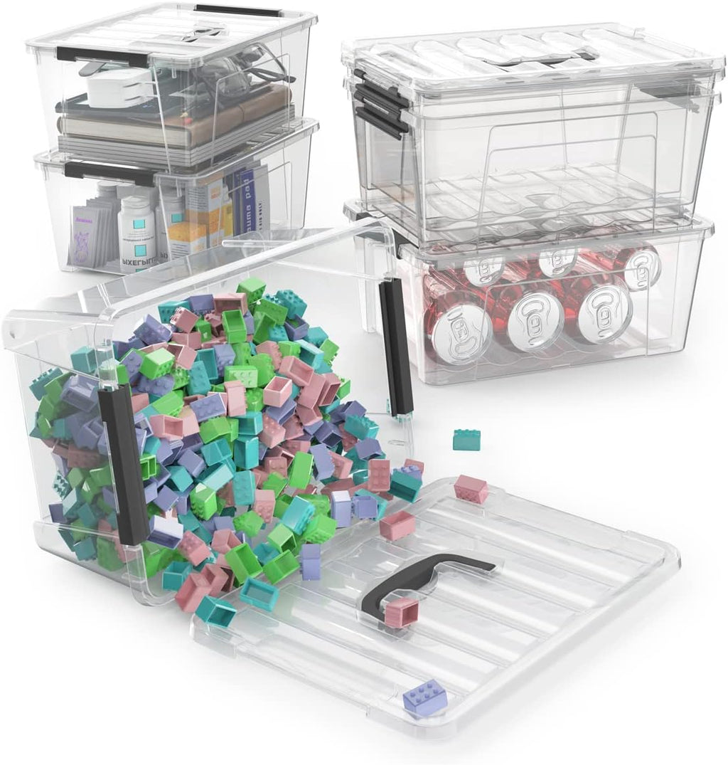 WYT Clear Storage Latch Bins - 6-Pack Organizer Boxes with Handles and Lids | 5-Litre Capacity