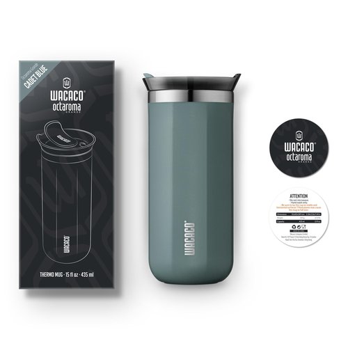 WACACO Octaroma Grande Vacuum Insulated Coffee Mug, 15 fl oz (435ml), Double-wall Stainless Steel Travel Tumbler With Drinking Lid, Cadet Blue