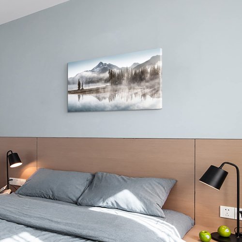 WALLSUP DECOR Forest Mountain Art Canvas Picture - Landscape Nature Shadow Lake Painting Modern Snowy Misty Mountains Wall Print with Pine Tree Artwork for Living Room Office